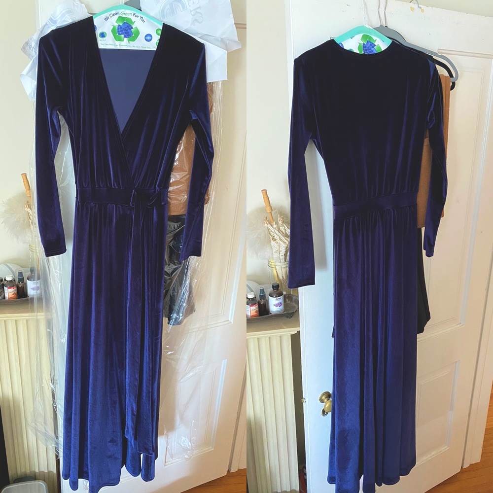 Velvet sapphire long sleeve wrap dress